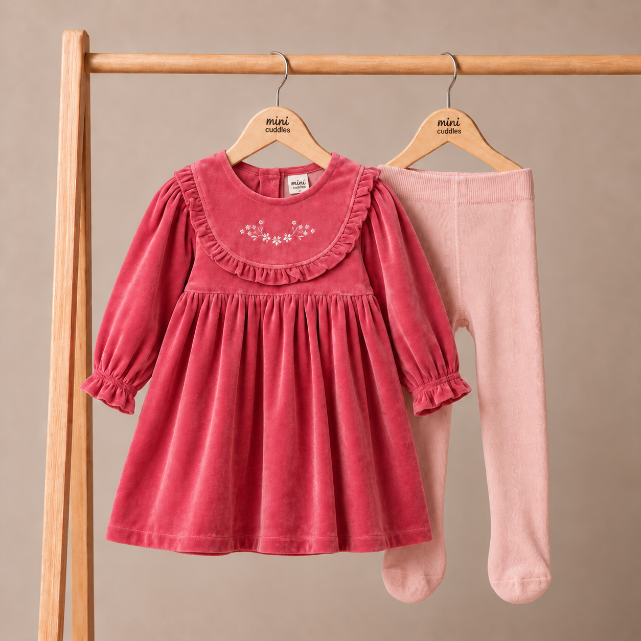 Baby Girls Pink Cotton Blend Dress with Tights Set Regular Fit Party Wear