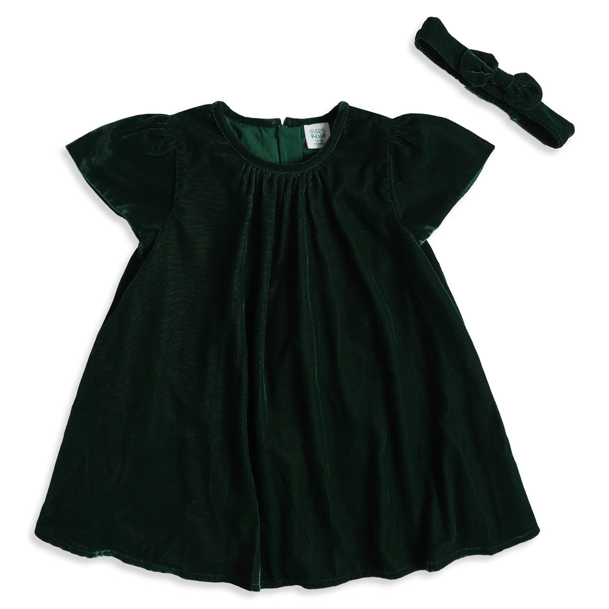 Baby Girls Green Velvet Dress with Headband Regular Fit Party Dress