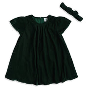 Baby Girls Green Velvet Dress with Headband Regular Fit Party Dress