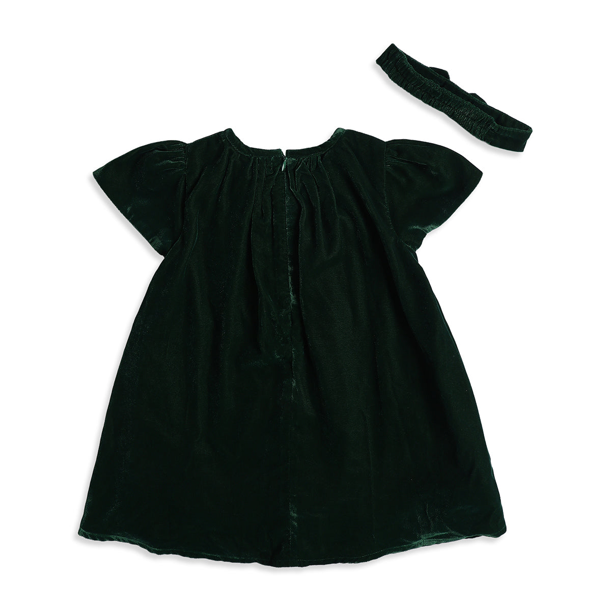 Baby Girls Green Velvet Dress with Headband Regular Fit Party Dress