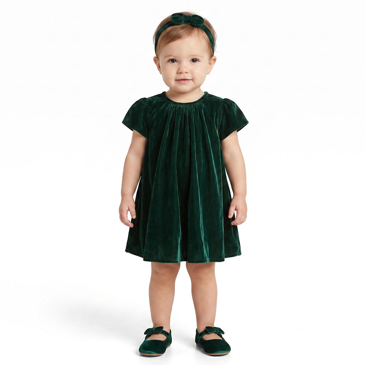 Baby Girls Green Velvet Dress with Headband Regular Fit Party Dress