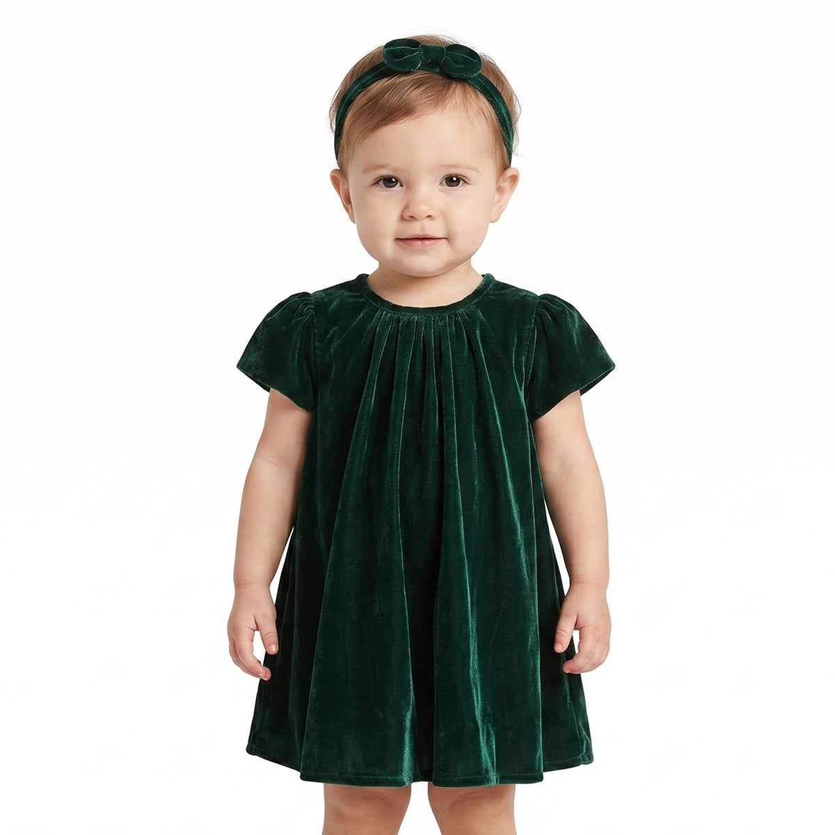 Baby Girls Green Velvet Dress with Headband Regular Fit Party Dress