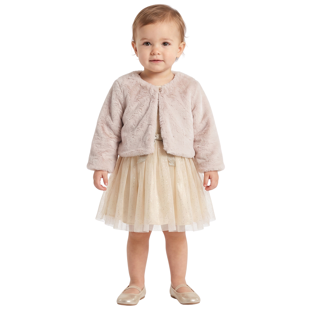 Baby Girls Beige and Gold Shimmer Bow Dress With Faux Fur Shrug Party