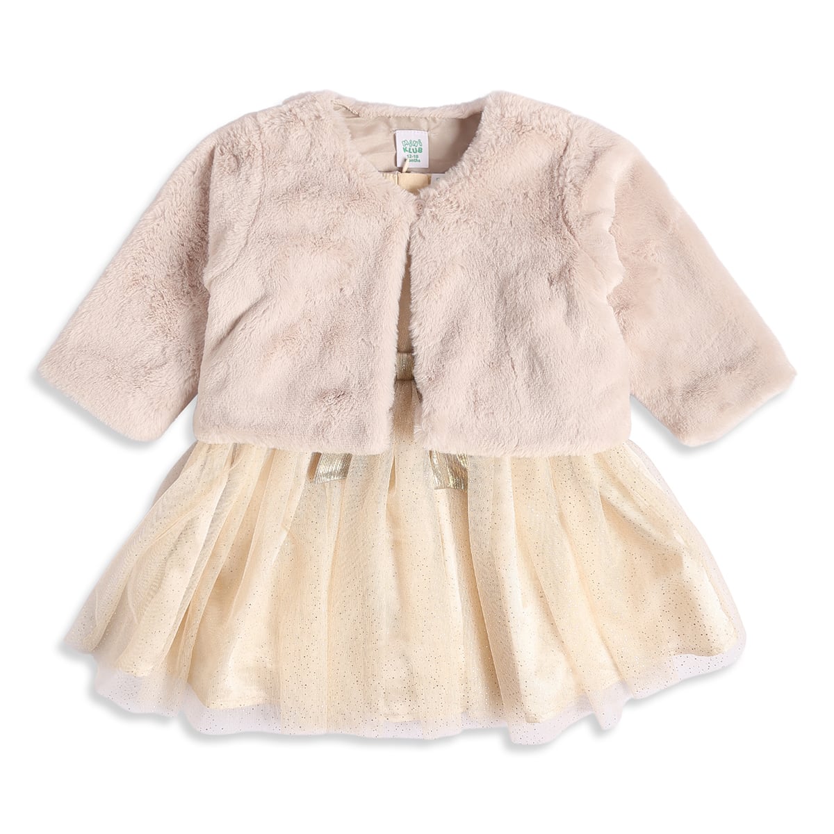 Baby Girls Beige And Gold Shimmer Bow Dress With Faux Fur Shrug  Regular Fit Party Wear