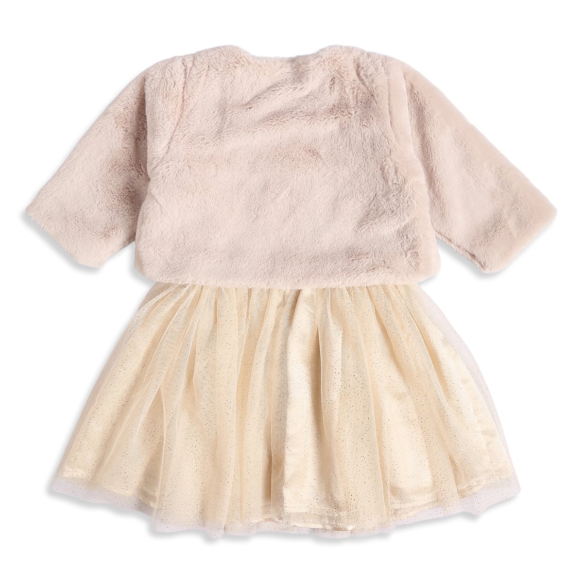 Baby Girls Beige And Gold Shimmer Bow Dress With Faux Fur Shrug  Regular Fit Party Wear