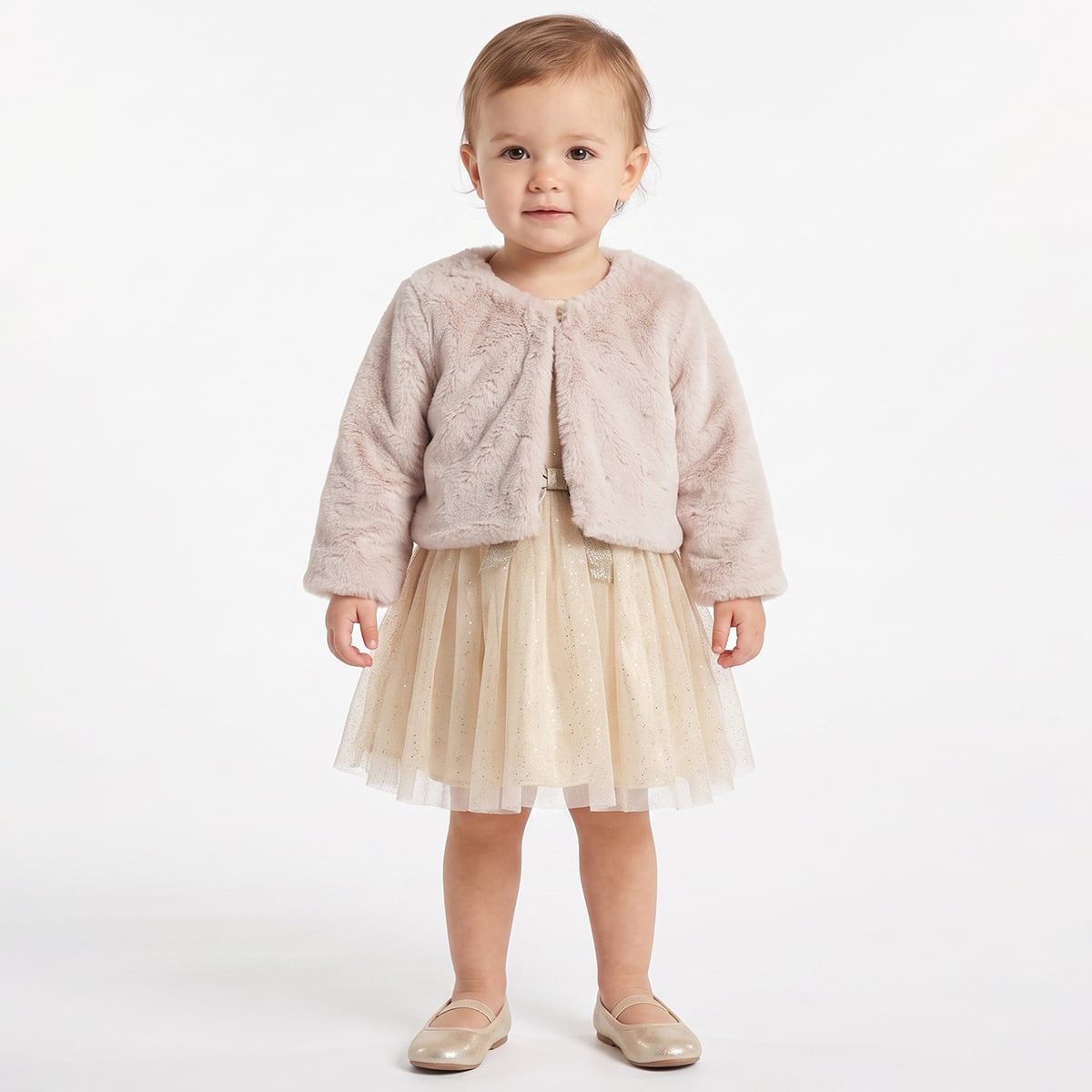 Baby Girls Beige And Gold Shimmer Bow Dress With Faux Fur Shrug  Regular Fit Party Wear