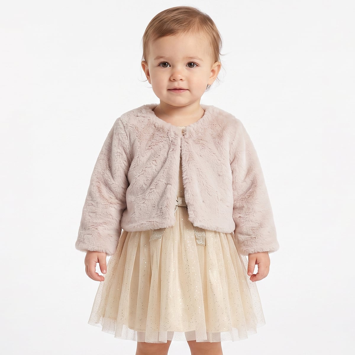Baby Girls Beige And Gold Shimmer Bow Dress With Faux Fur Shrug  Regular Fit Party Wear