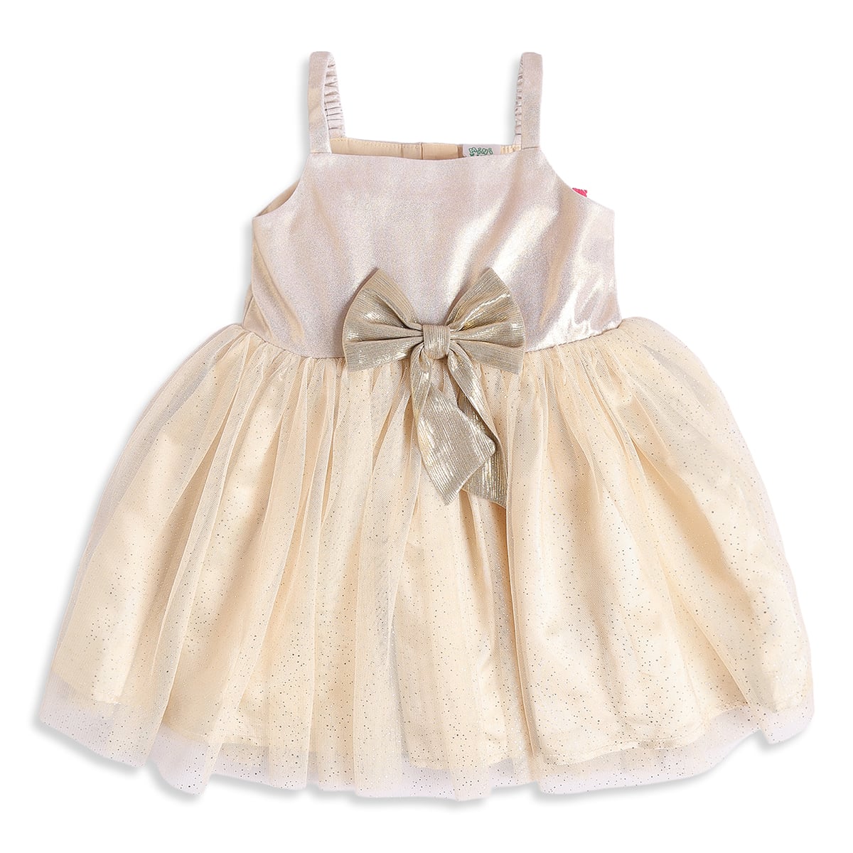 Baby Girls Beige And Gold Shimmer Bow Dress With Faux Fur Shrug  Regular Fit Party Wear