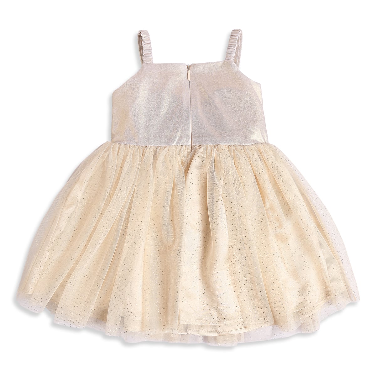 Baby Girls Beige And Gold Shimmer Bow Dress With Faux Fur Shrug  Regular Fit Party Wear