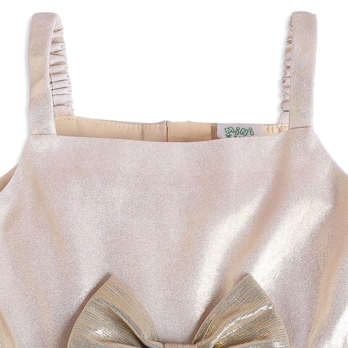 Baby Girls Beige And Gold Shimmer Bow Dress With Faux Fur Shrug  Regular Fit Party Wear