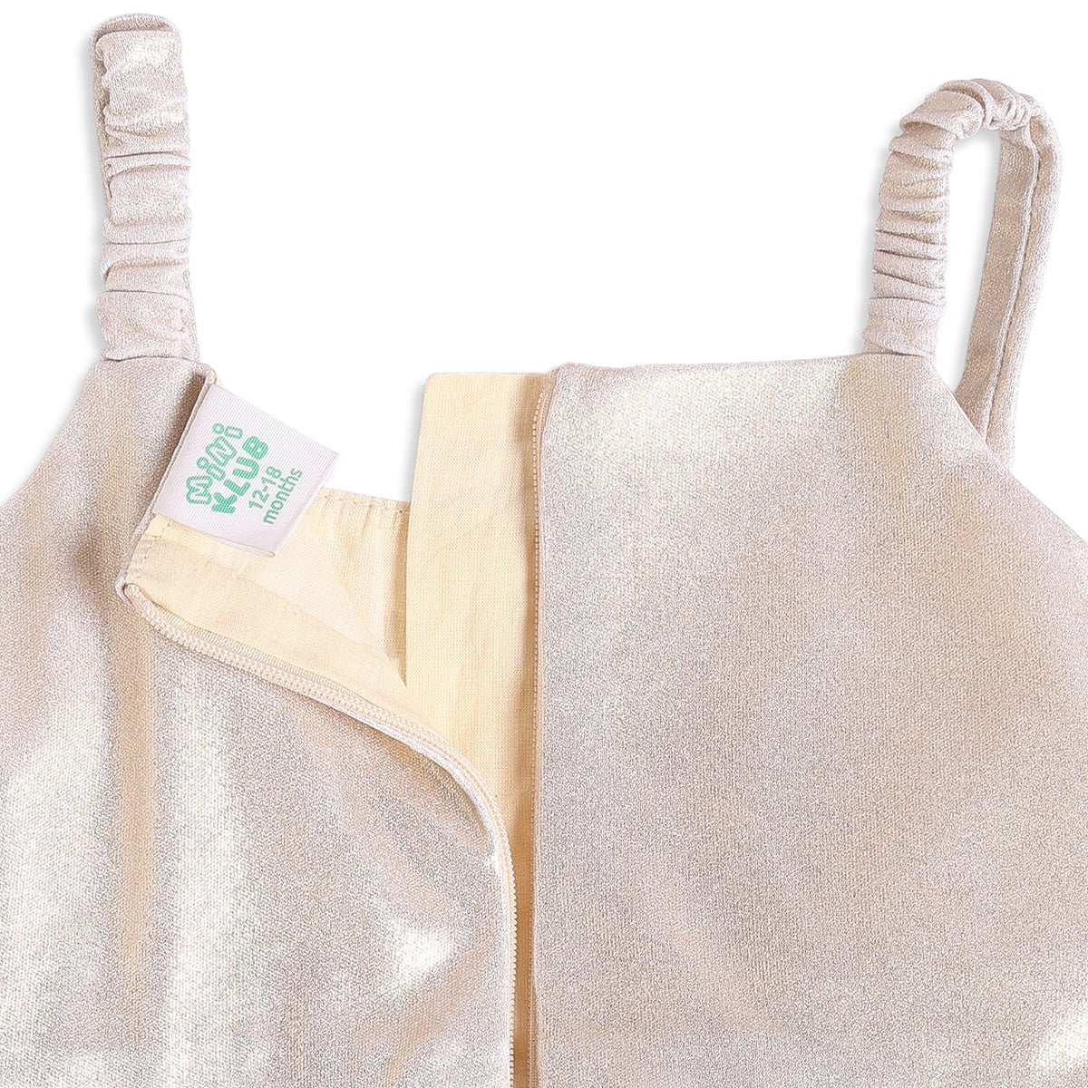 Baby Girls Beige And Gold Shimmer Bow Dress With Faux Fur Shrug  Regular Fit Party Wear