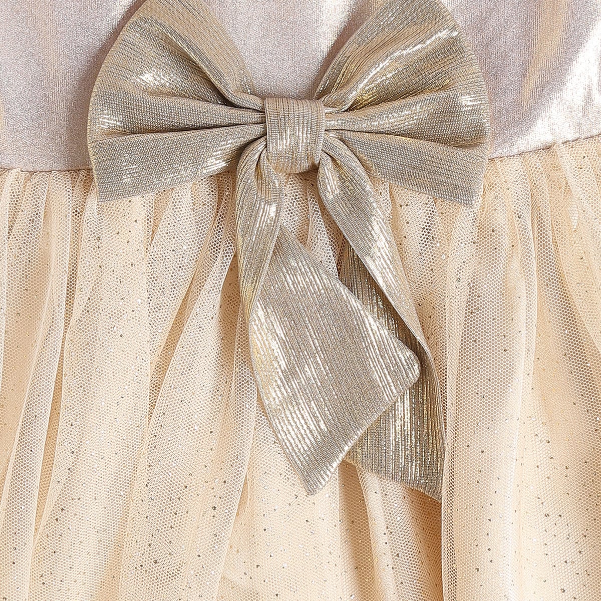 Baby Girls Beige And Gold Shimmer Bow Dress With Faux Fur Shrug  Regular Fit Party Wear