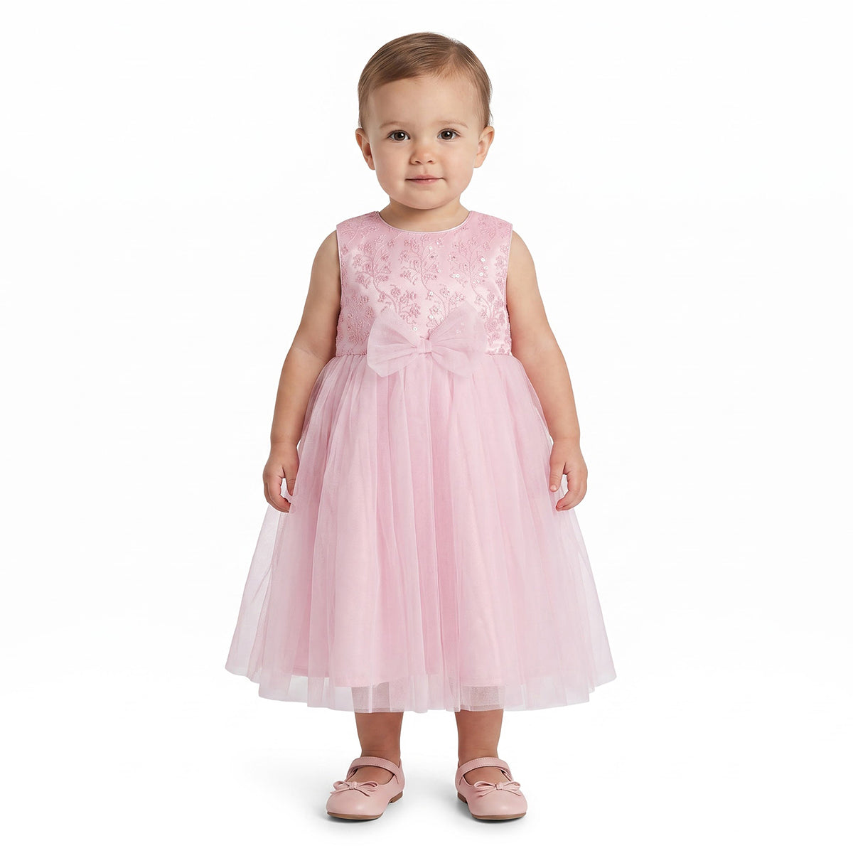 Baby Girls Light Pink Polyester Embroidered Dress Regular Fit Party Wear