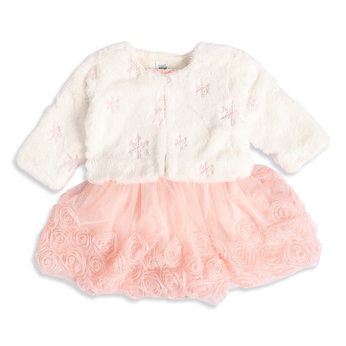 Baby Girls Peach Embroidered Dress with Off-White Shrug Regular Fit Party Wear