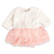 Baby Girls Peach Embroidered Dress with Off-White Shrug Regular Fit Party Wear