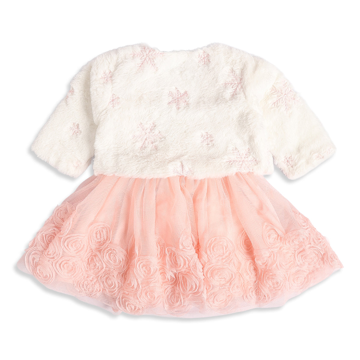 Baby Girls Peach Embroidered Dress with Off-White Shrug Regular Fit Party Wear
