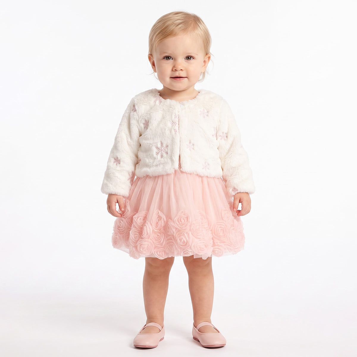 Baby Girls Peach Embroidered Dress with Off-White Shrug Regular Fit Party Wear