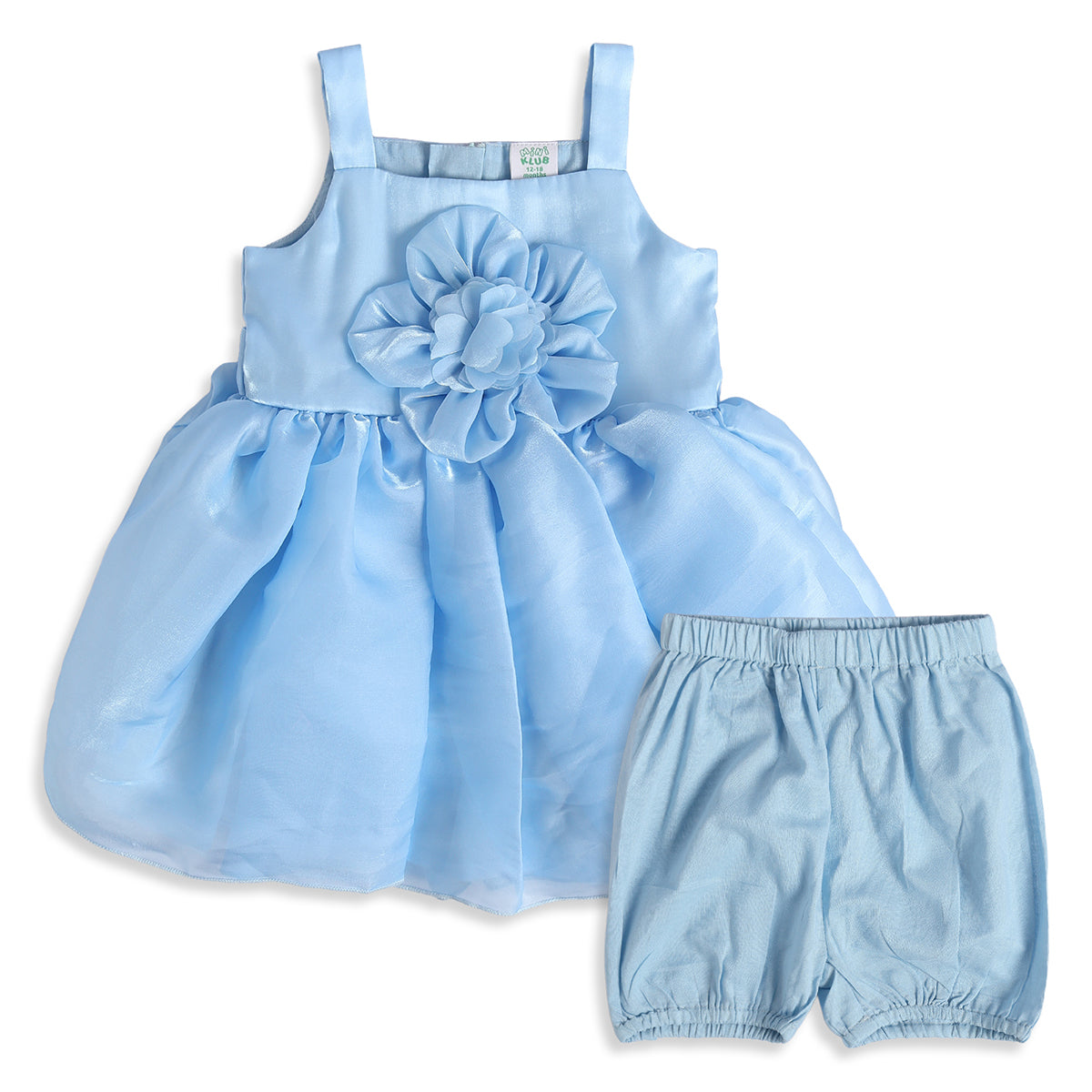Baby Girls Light Blue Polyester Floral Applique Dress with Bloomers Regular Fit Party Wear