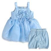 Baby Girls Light Blue Polyester Floral Applique Dress with Bloomers Regular Fit Party Wear