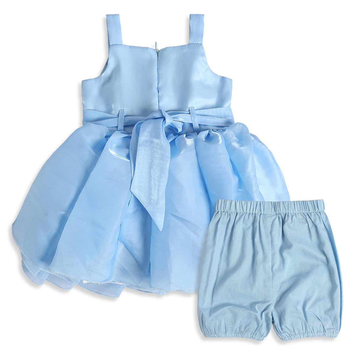 Baby Girls Light Blue Polyester Floral Applique Dress with Bloomers Regular Fit Party Wear