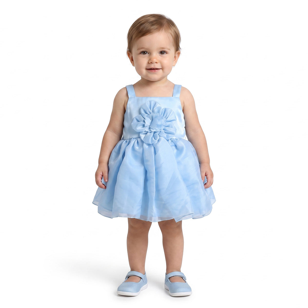 Baby Girls Light Blue Polyester Floral Applique Dress with Bloomers Regular Fit Party Wear