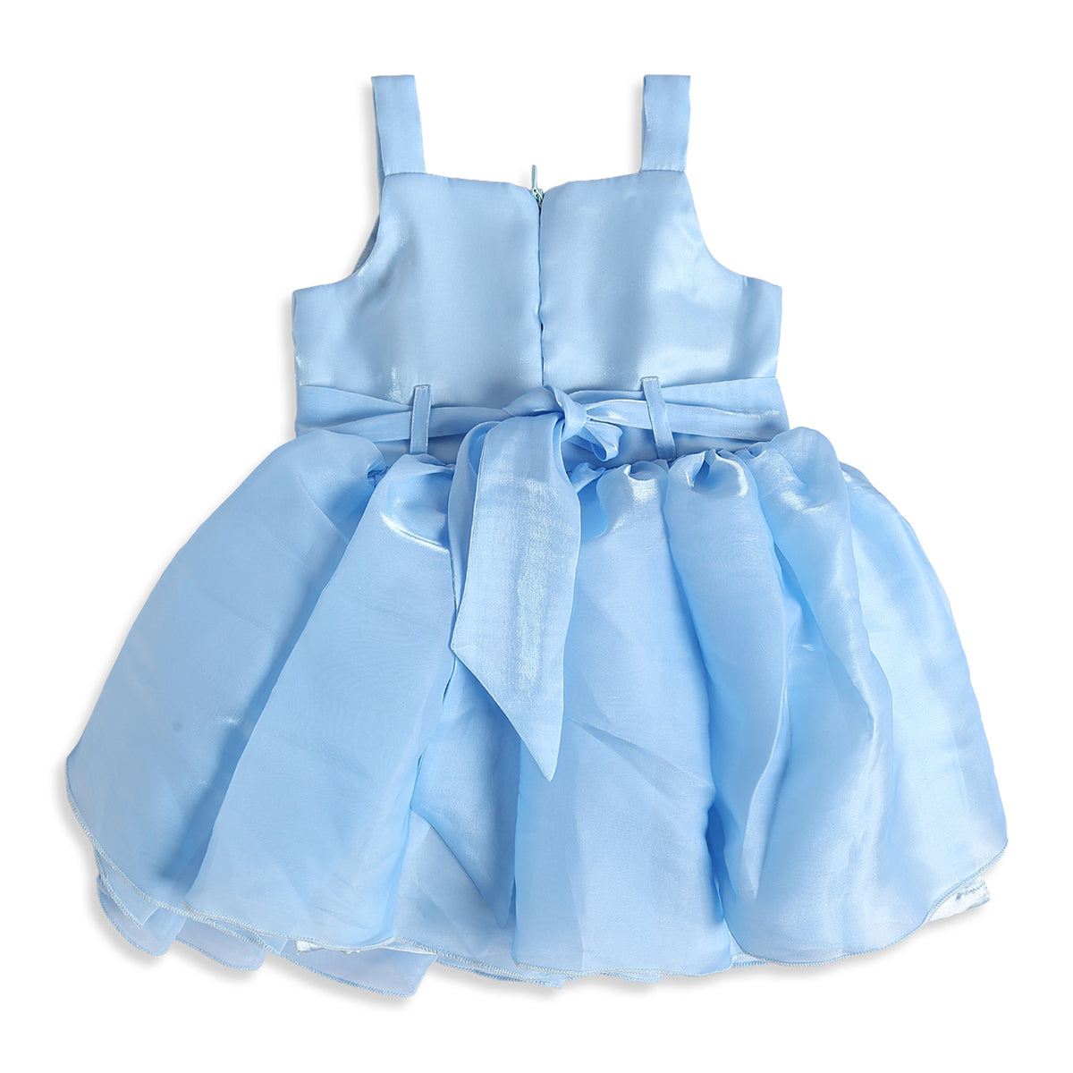 Baby Girls Light Blue Polyester Floral Applique Dress with Bloomers Regular Fit Party Wear