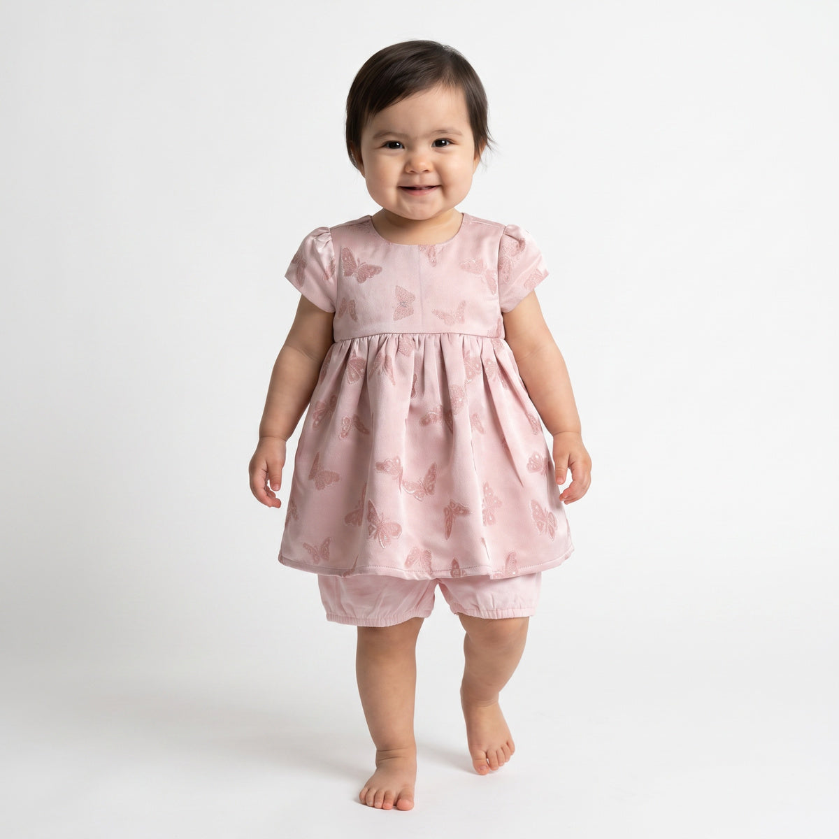 Baby Girls Light Pink Polyester Butterfly Dress with Bloomers Regular Fit Party Wear