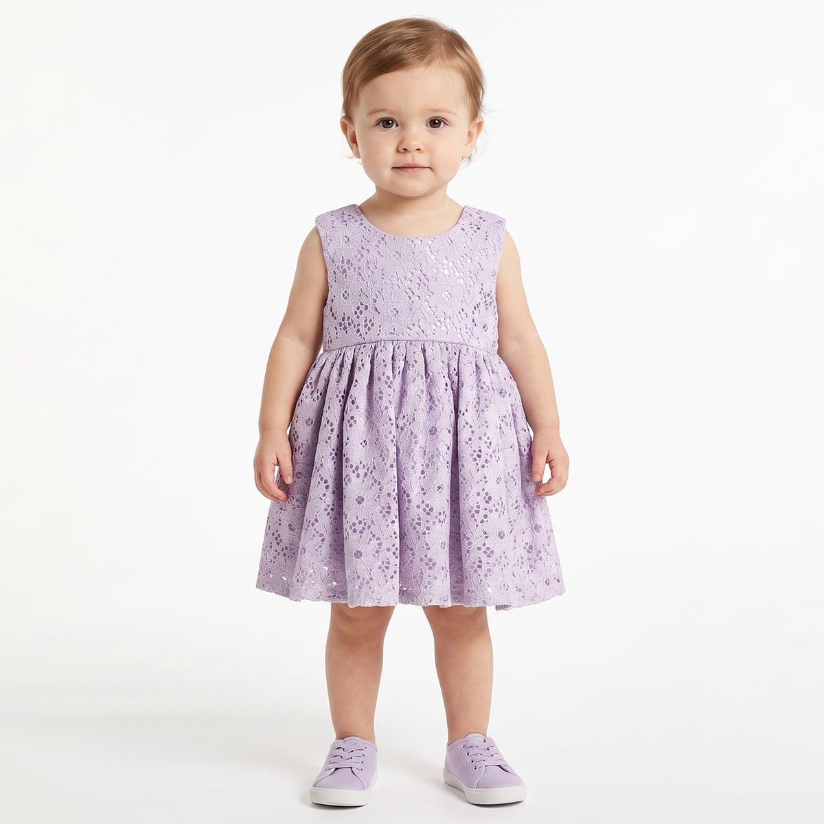 Baby Girls Lilac Floral Lace Dress With Bloomers Regular Fit Party Wear
