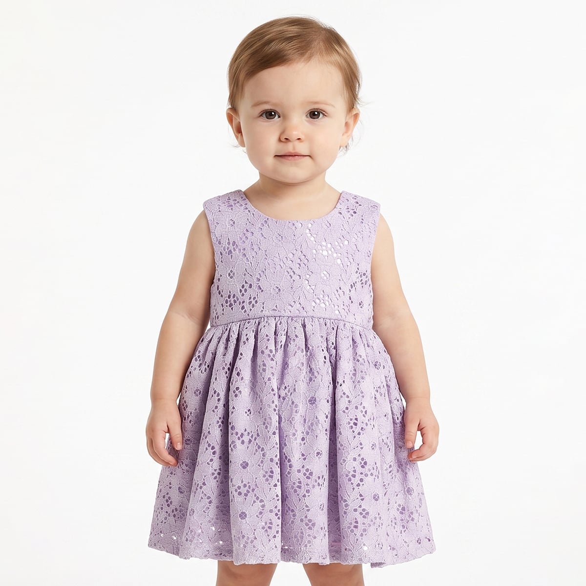 Baby Girls Lilac Floral Lace Dress With Bloomers Regular Fit Party Wear