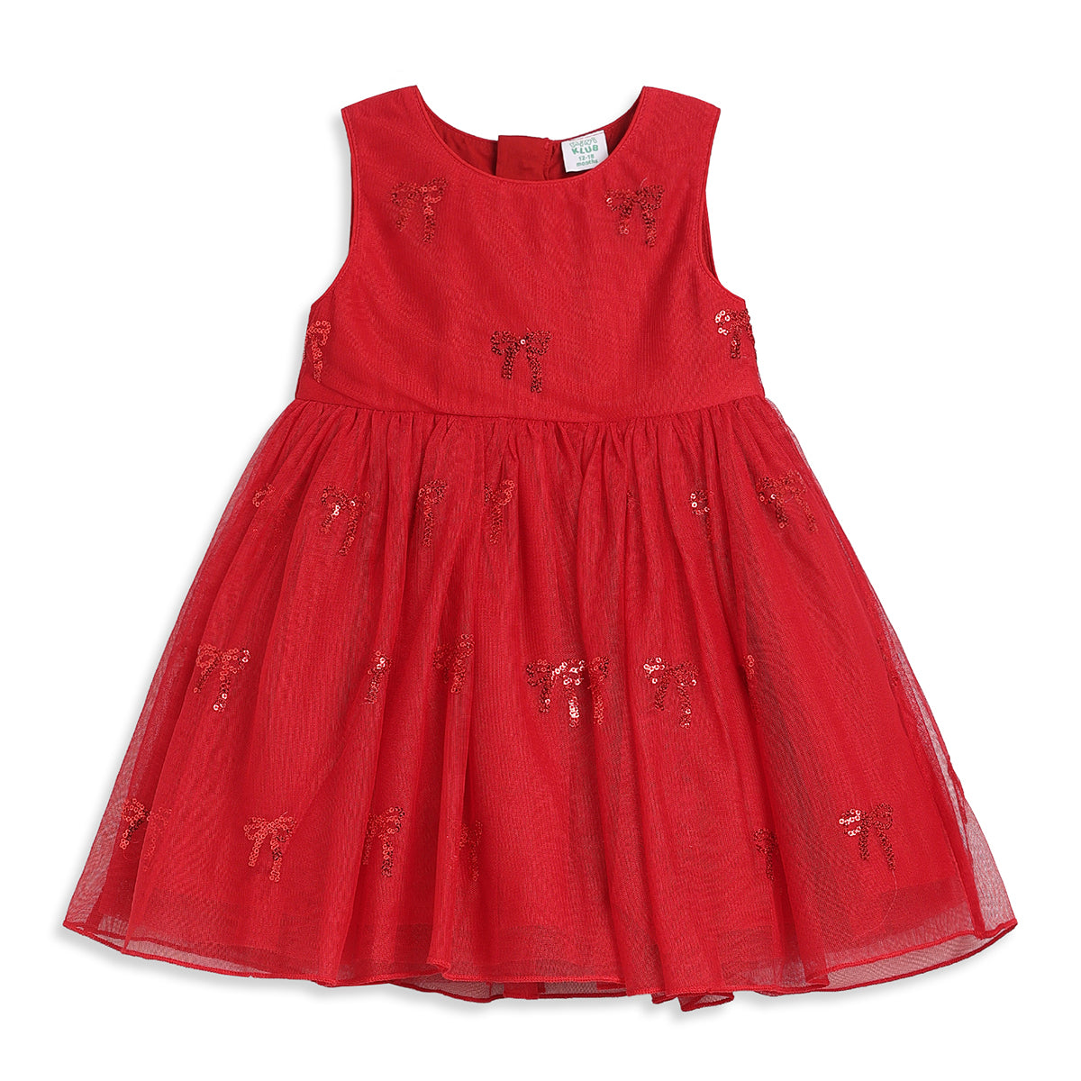 Baby Girls Red Mesh Sequin Bow Dress Regular Fit Party Wear