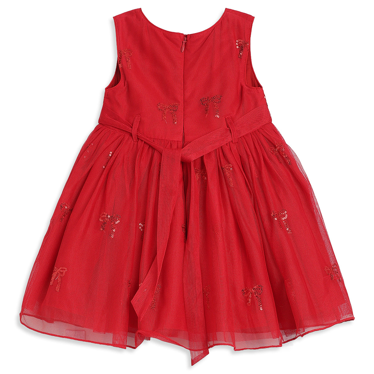 Baby Girls Red Mesh Sequin Bow Dress Regular Fit Party Wear