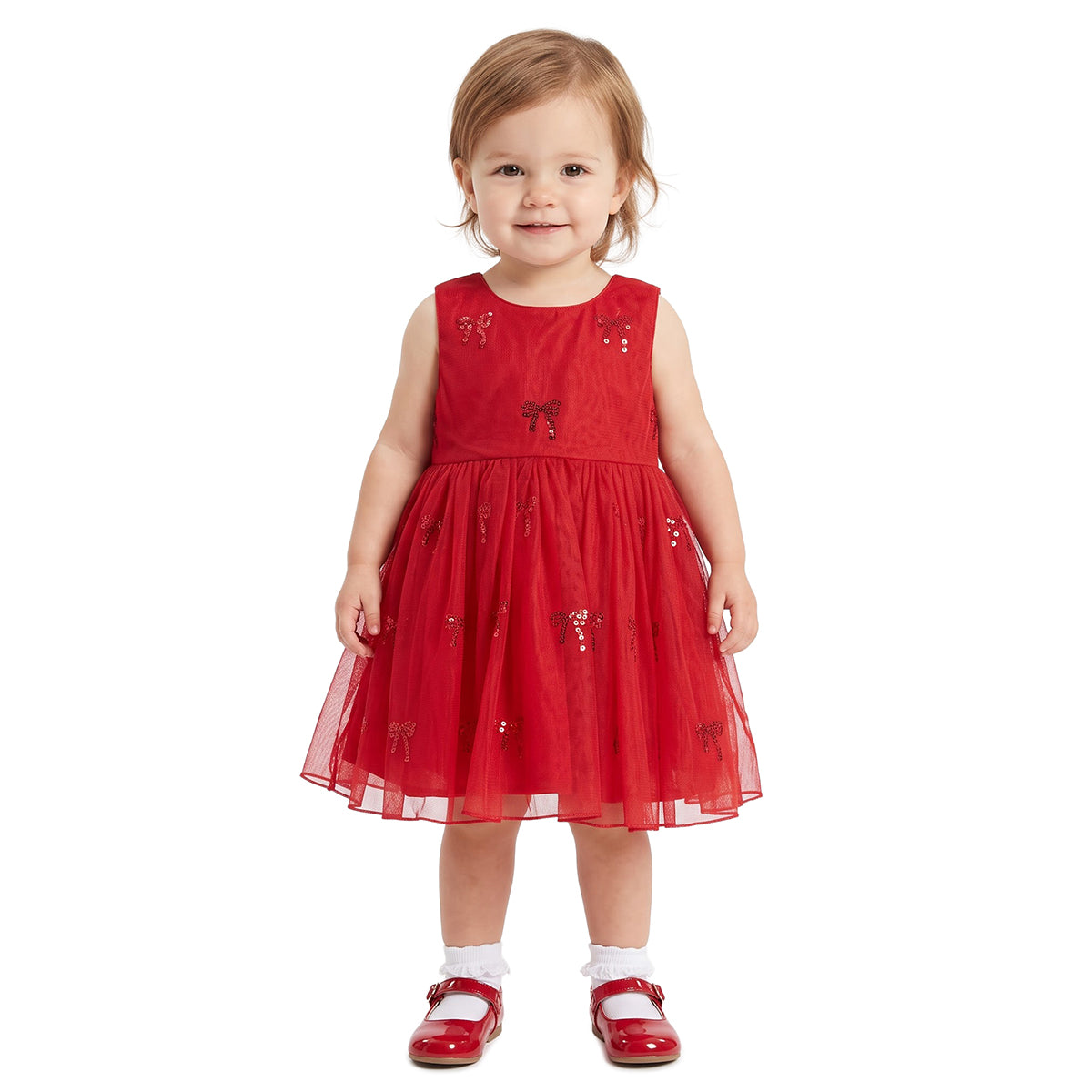 Baby Girls Red Mesh Sequin Bow Dress Regular Fit Party Wear