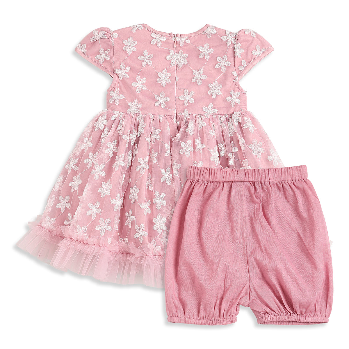 Baby Girls Pink Embroidered Dress with Bloomers Regular Fit Party Dress Set