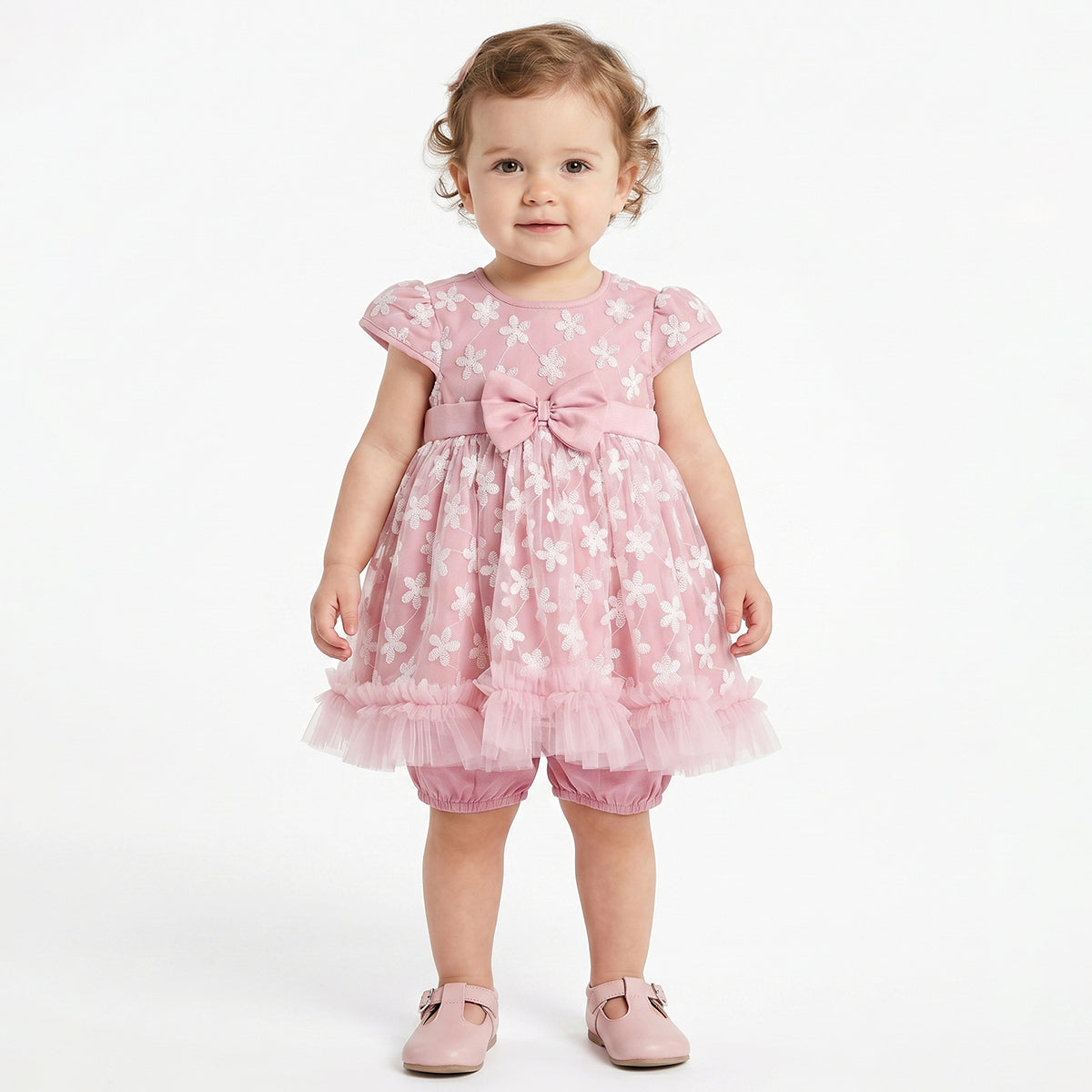 Baby Girls Pink Embroidered Dress with Bloomers Regular Fit Party Dress Set