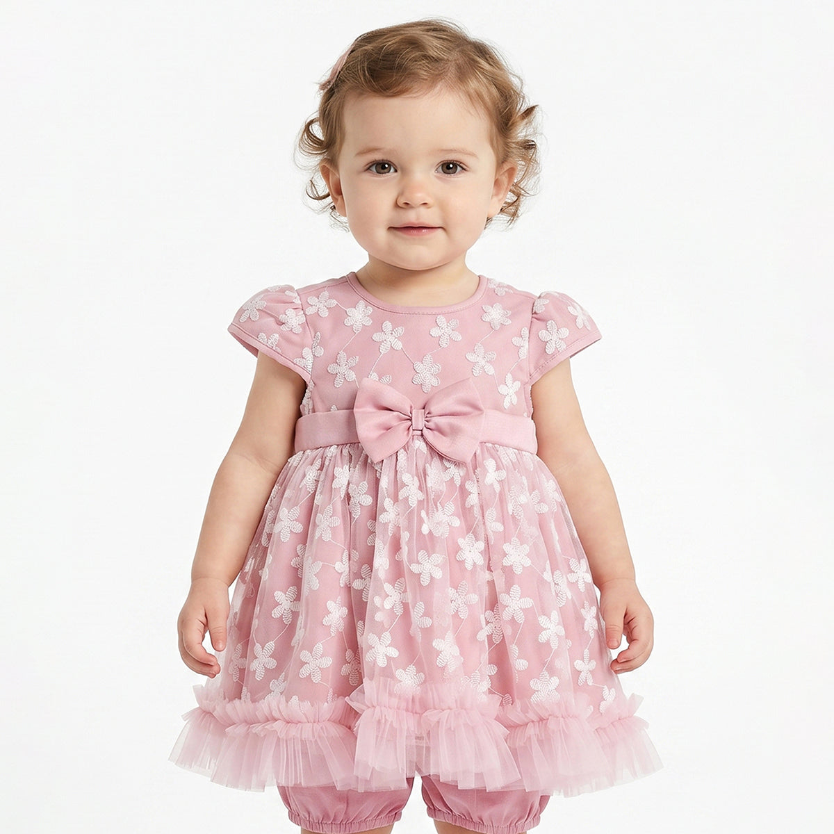 Baby Girls Pink Embroidered Dress with Bloomers Regular Fit Party Dress Set