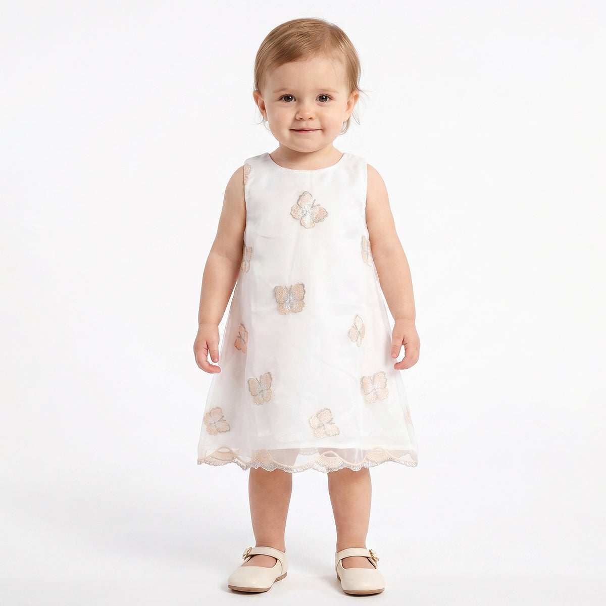 Baby Girls White Polyester Butterfly Embroidered Dress Regular Fit Party Wear Dress