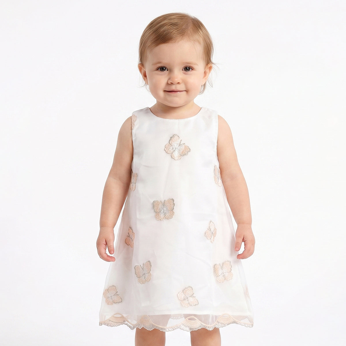 Baby Girls White Polyester Butterfly Embroidered Dress Regular Fit Party Wear Dress