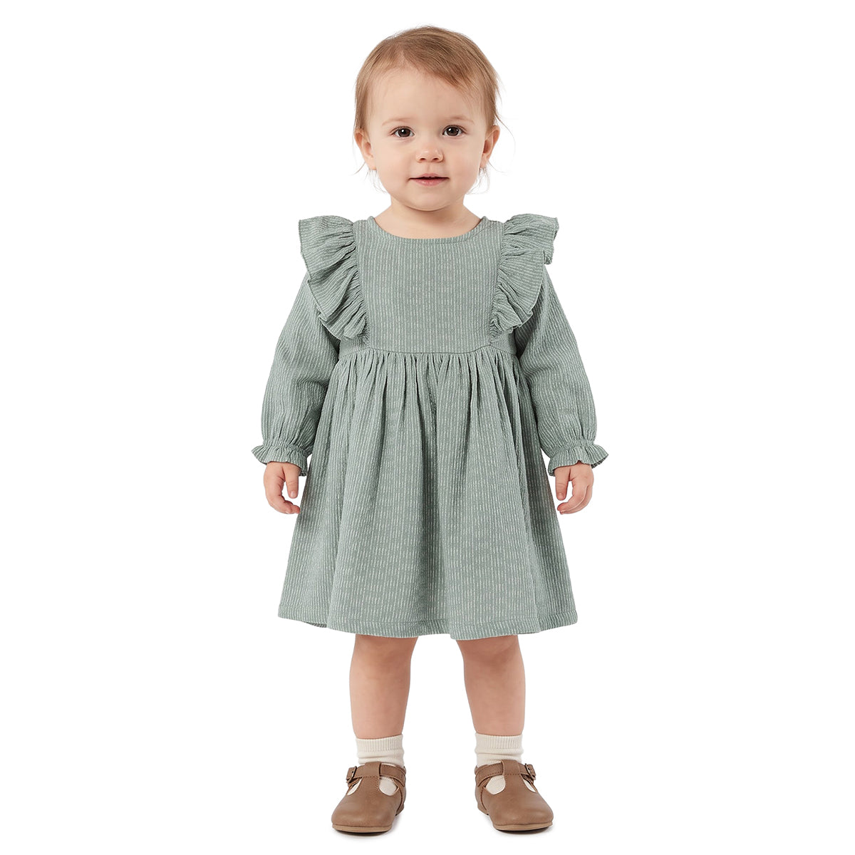 Baby Girls Sage Green Cotton Ruffle Dress Regular Fit Casual Wear
