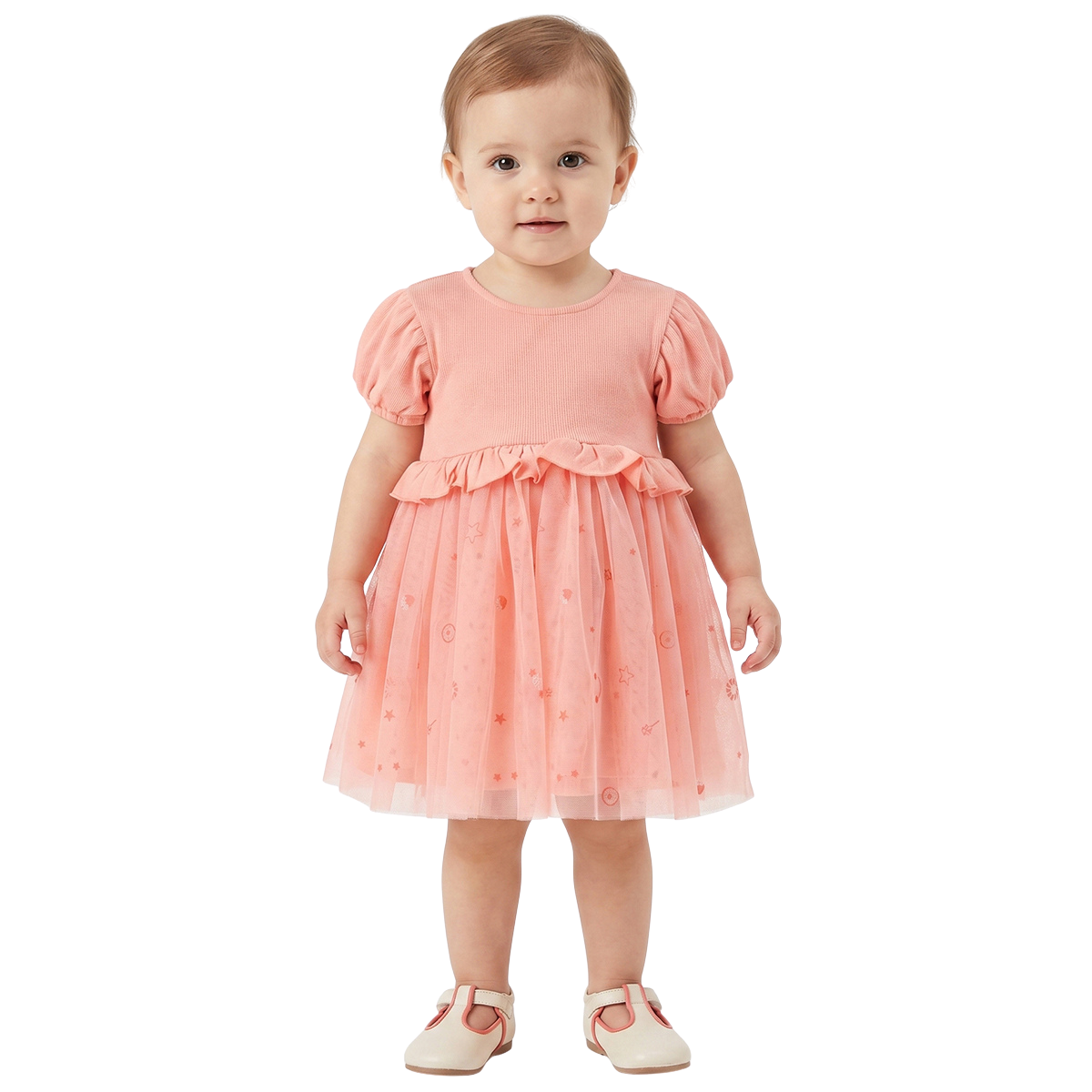 Baby Girls Peach Polyester Mesh Party Dress Regular Fit Occasion Dress