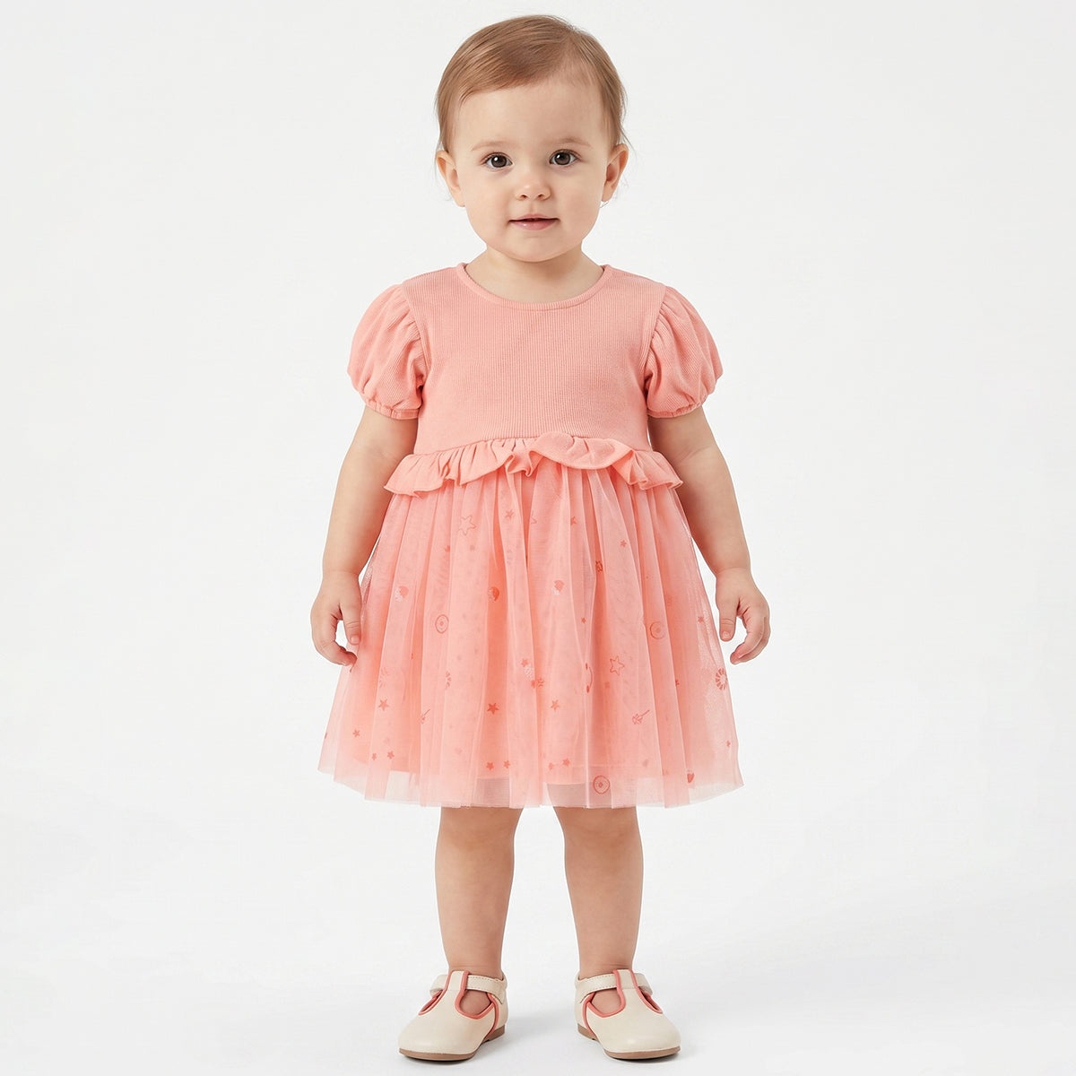 Baby Girls Peach Polyester Mesh Party Dress Regular Fit Occasion Dress
