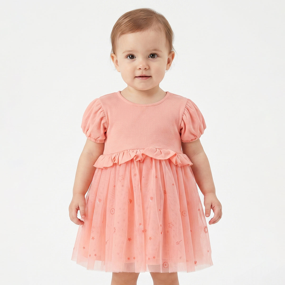 Baby Girls Peach Polyester Mesh Party Dress Regular Fit Occasion Dress