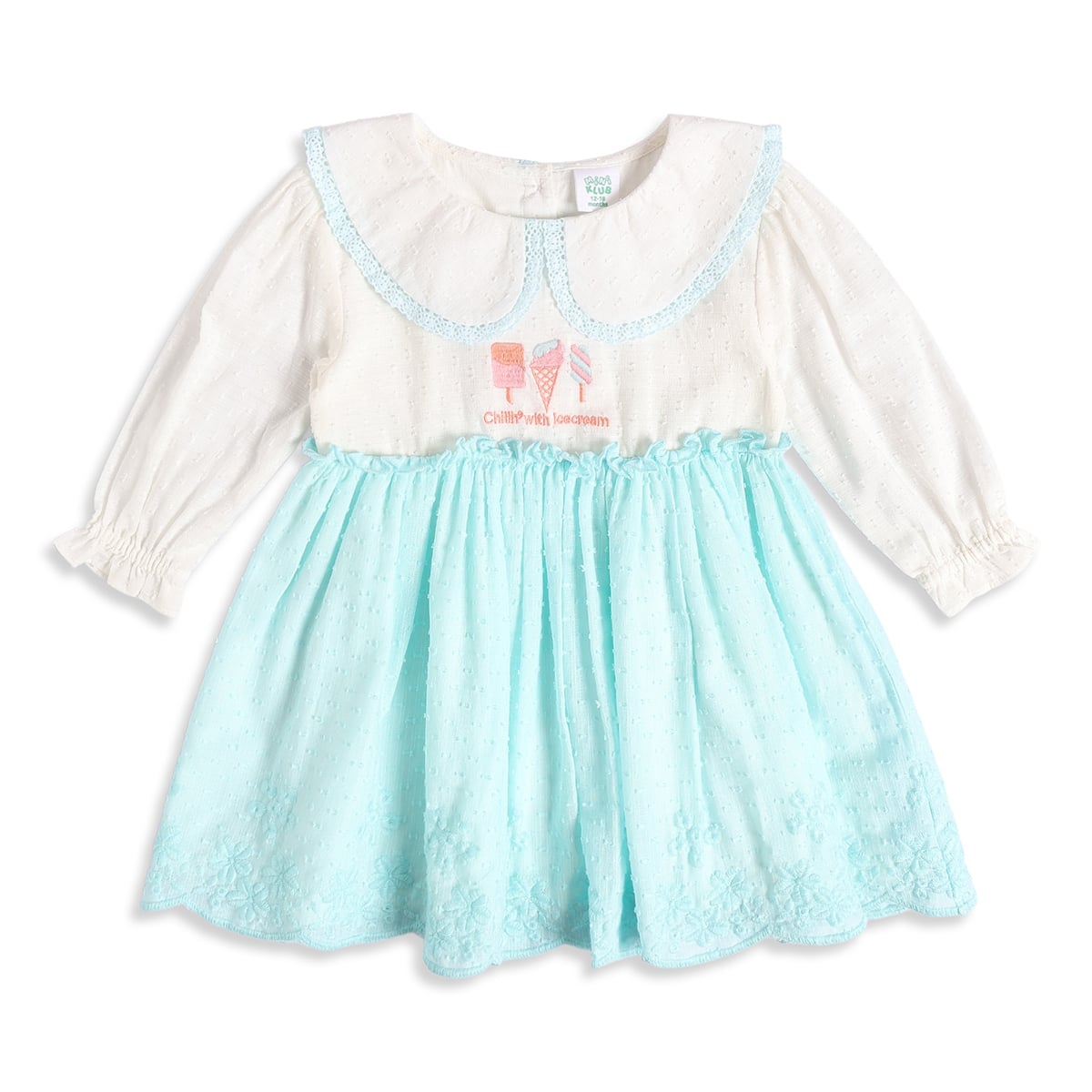 Baby Girls White And Aqua Blue Cotton Ice Cream Embroidered Dress Regular Fit Casual Wear