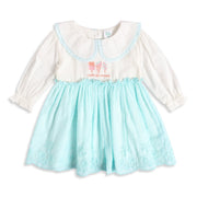 Baby Girls White And Aqua Blue Cotton Ice Cream Embroidered Dress Regular Fit Casual Wear