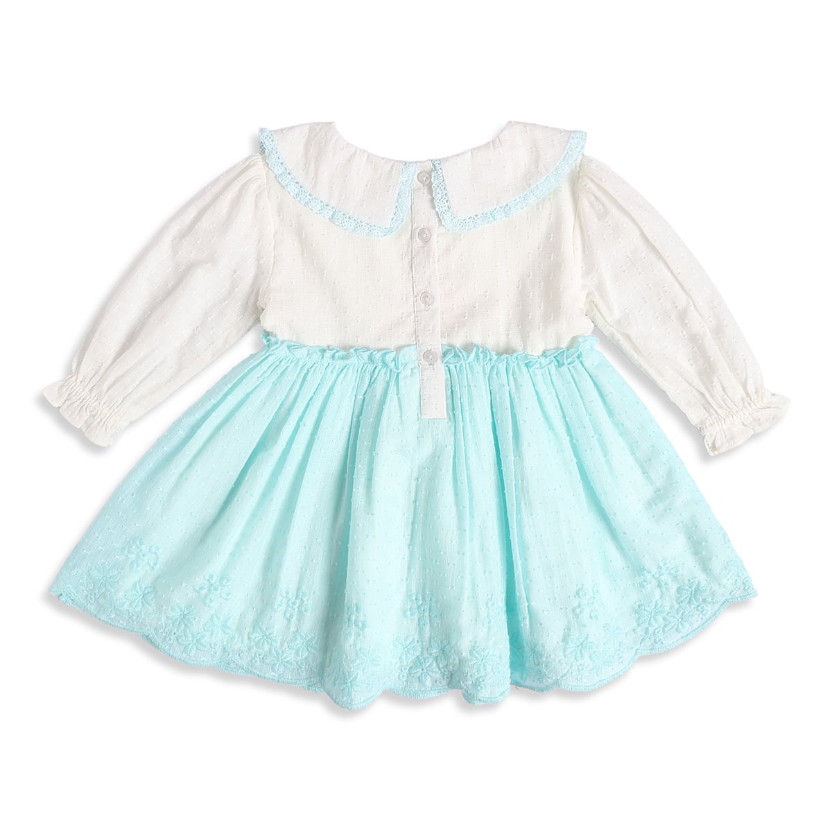 Baby Girls White And Aqua Blue Cotton Ice Cream Embroidered Dress Regular Fit Casual Wear
