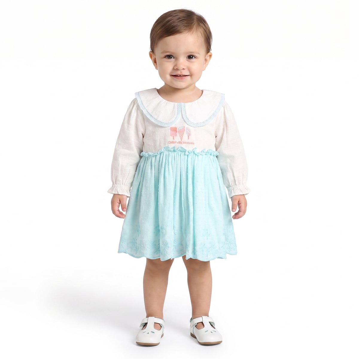 Baby Girls White And Aqua Blue Cotton Ice Cream Embroidered Dress Regular Fit Casual Wear