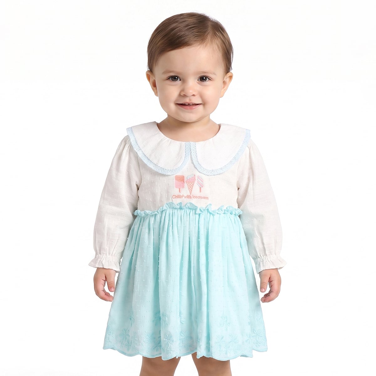 Baby Girls White And Aqua Blue Cotton Ice Cream Embroidered Dress Regular Fit Casual Wear