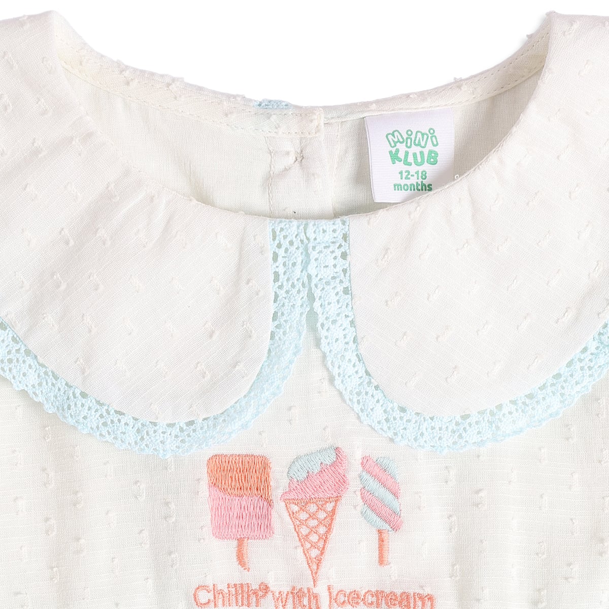 Baby Girls White And Aqua Blue Cotton Ice Cream Embroidered Dress Regular Fit Casual Wear