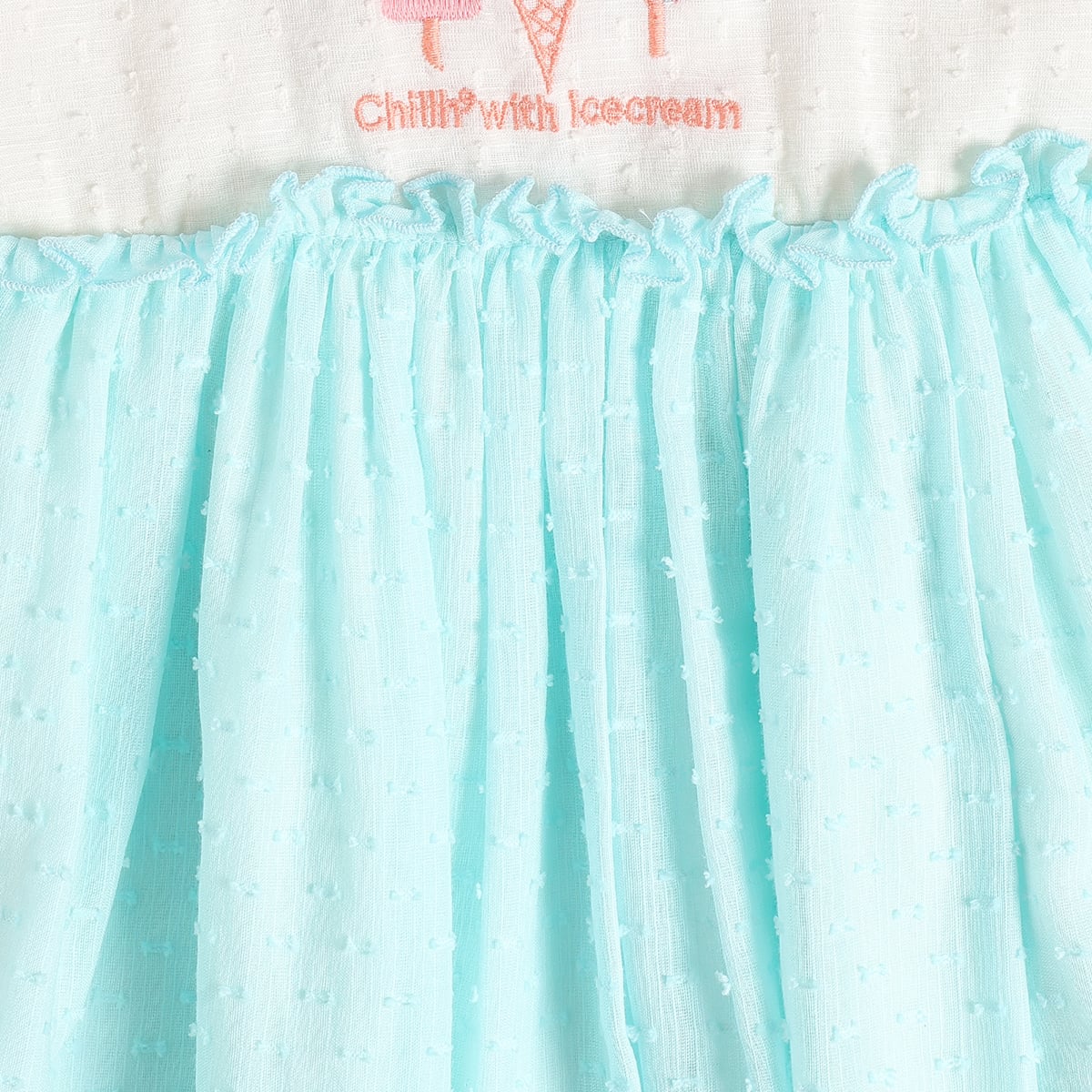 Baby Girls White And Aqua Blue Cotton Ice Cream Embroidered Dress Regular Fit Casual Wear