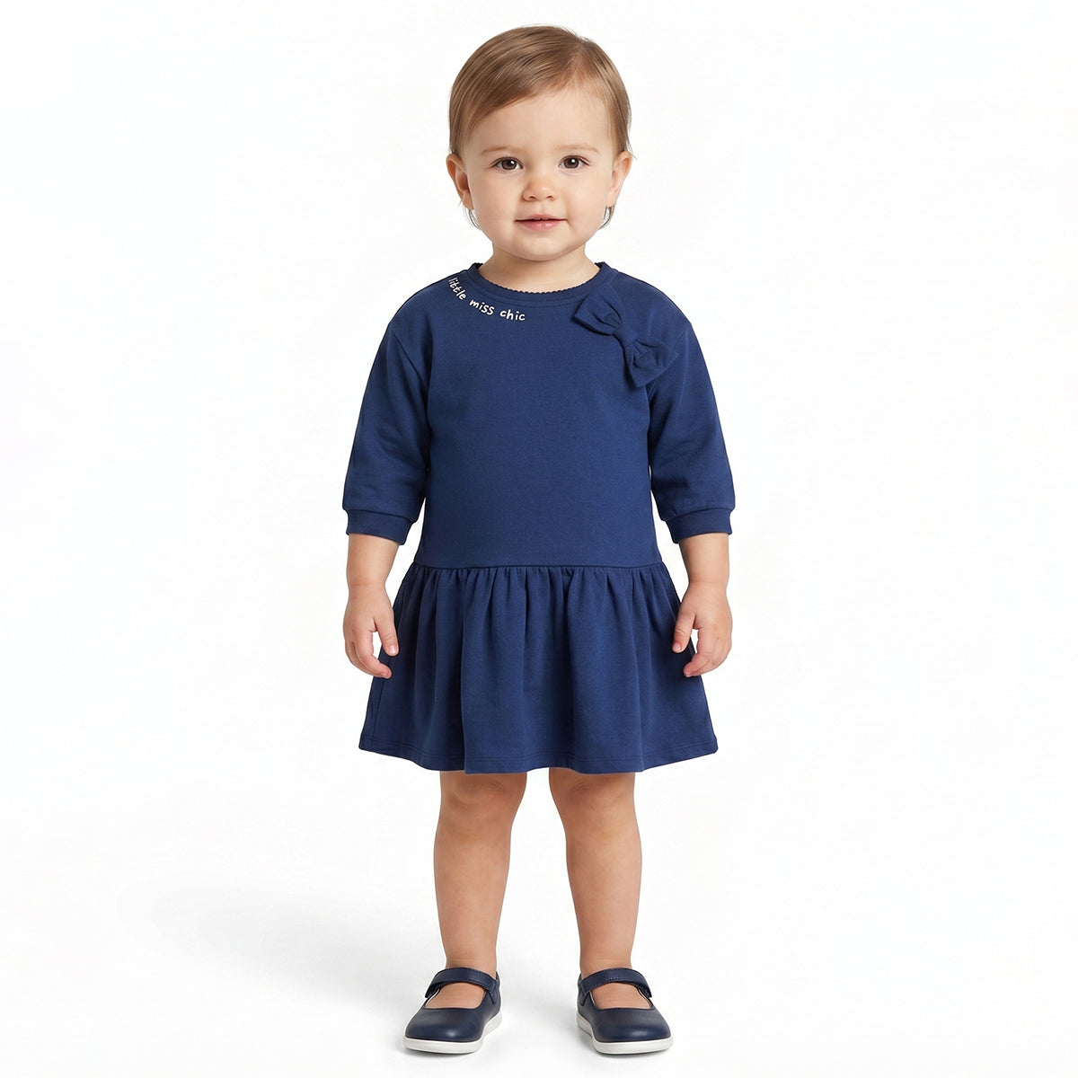 Baby Girls Navy Blue Cotton Knit Dress Regular Fit Casual Dress