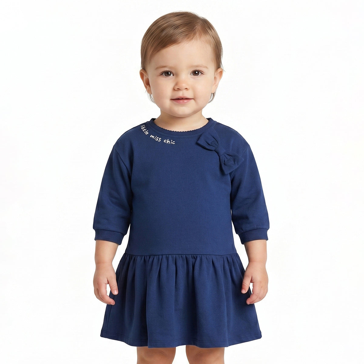 Baby Girls Navy Blue Cotton Knit Dress Regular Fit Casual Dress